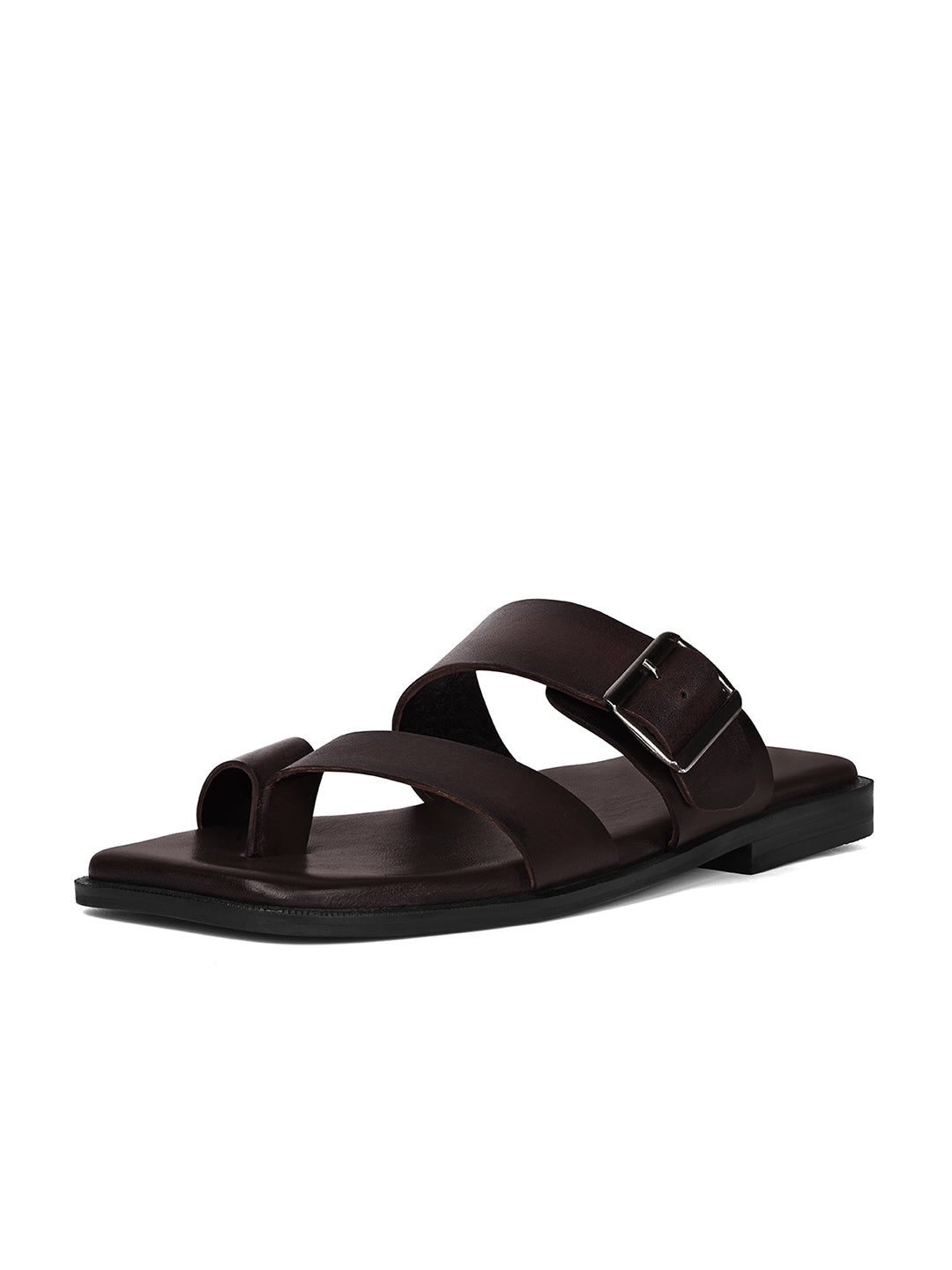 Brunette Brown Open Toe Lightweight T-Strap Leather Sandal with Adjustable Buckle Strap