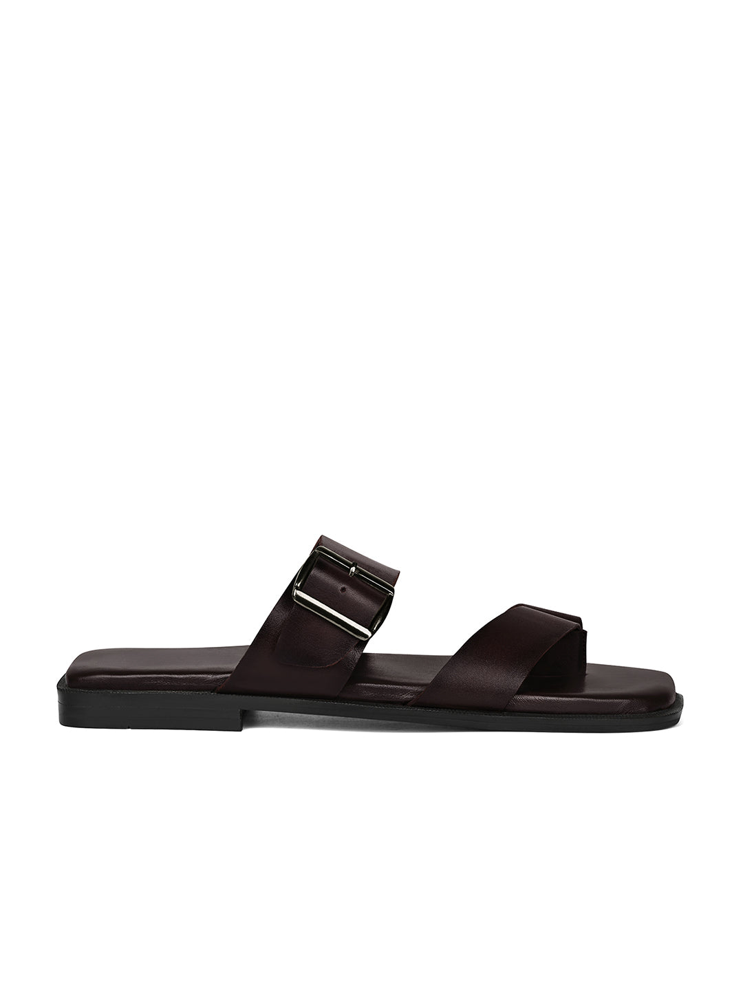 Brunette Brown Open Toe Lightweight T-Strap Leather Sandal with Adjustable Buckle Strap