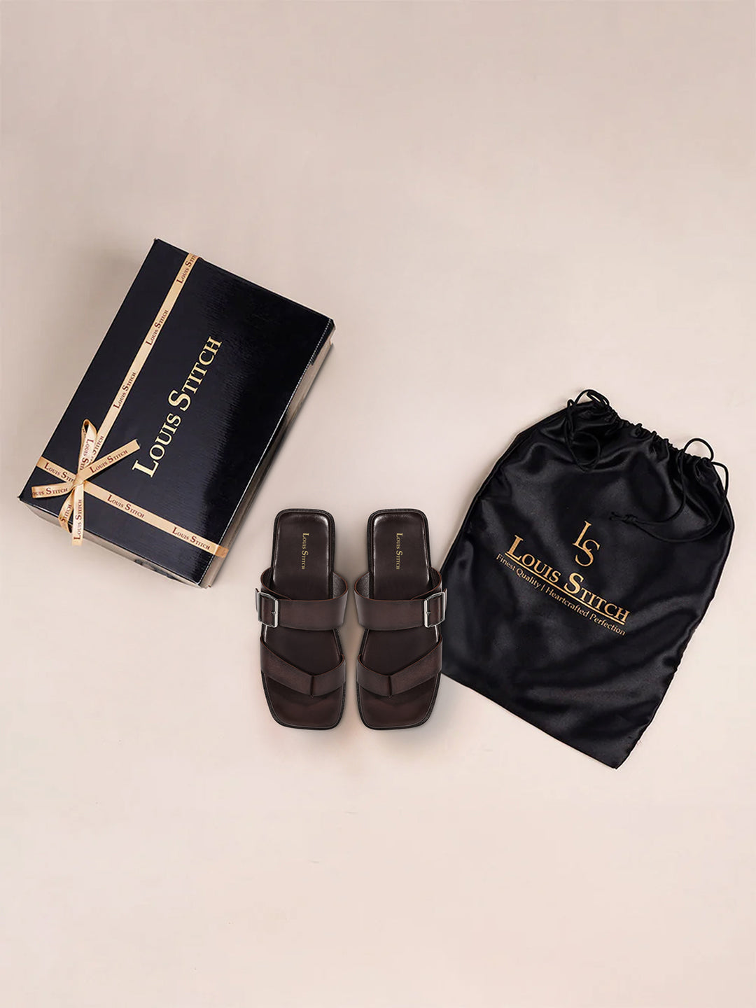 Brunette Brown Open Toe Lightweight T-Strap Leather Sandal with Adjustable Buckle Strap