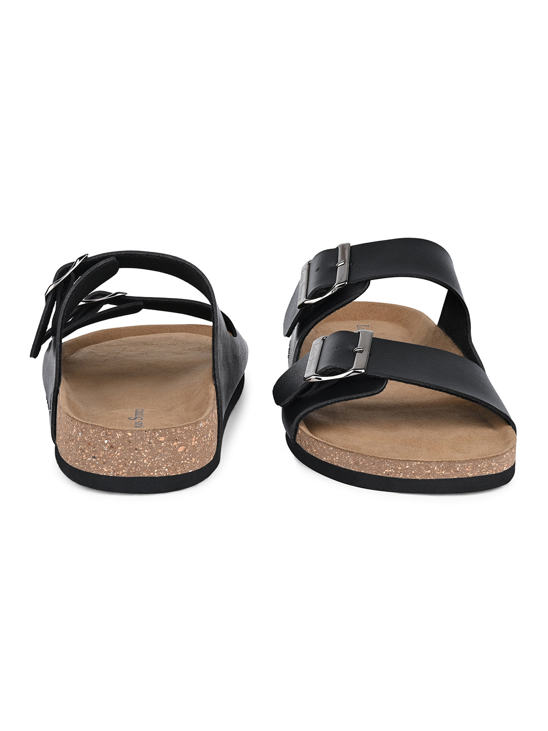 Jet Black Lightweight Open Toe Double Strap Slip-on Cork Sandal