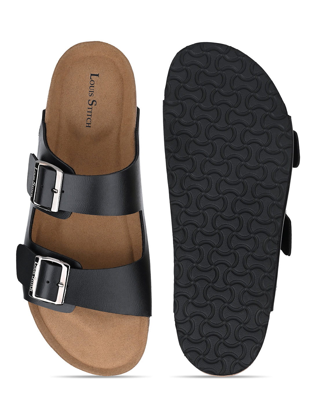 Jet Black Lightweight Open Toe Double Strap Slip-on Cork Sandal