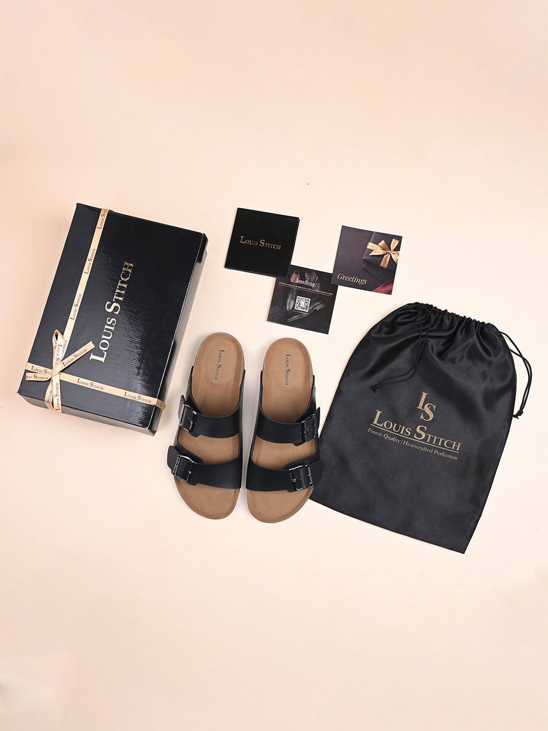 Jet Black Lightweight Open Toe Double Strap Slip-on Cork Sandal