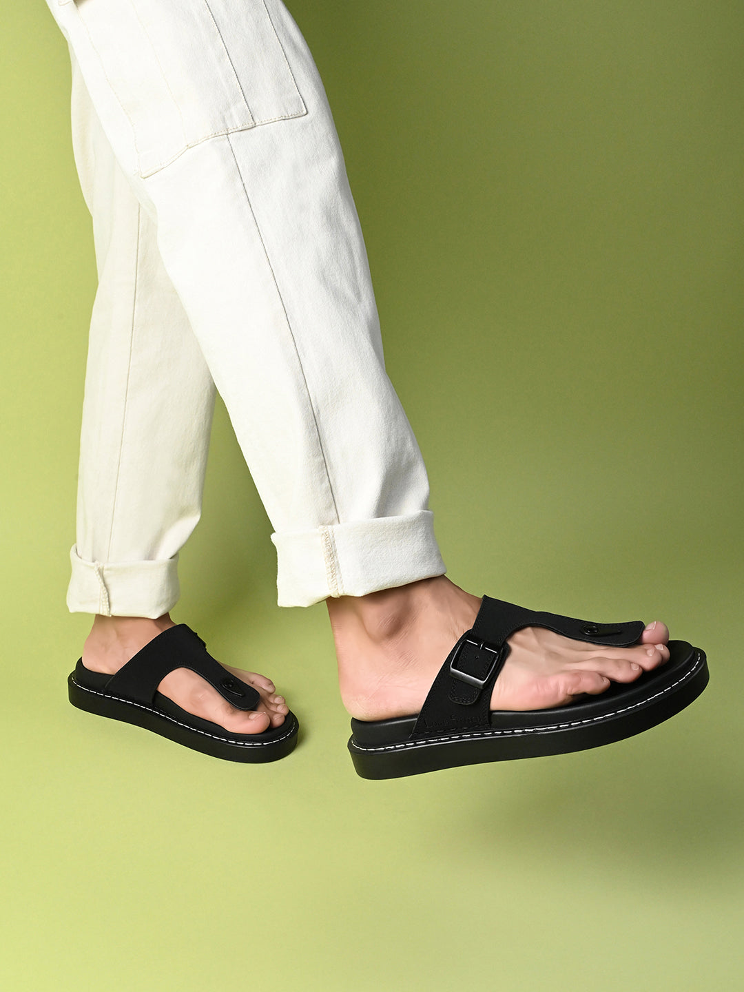 Black Casual T-Strap Slip On Sandal with PU Cushion Sole