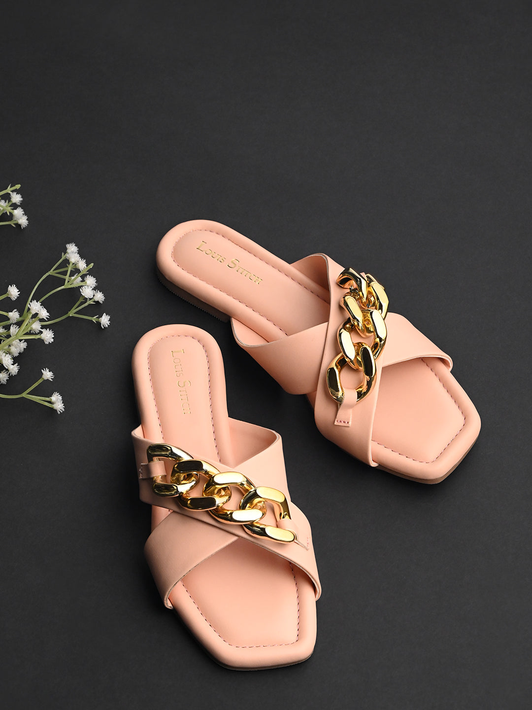 Women's Peach Flat Heel Cross Strap Buckle Sandals