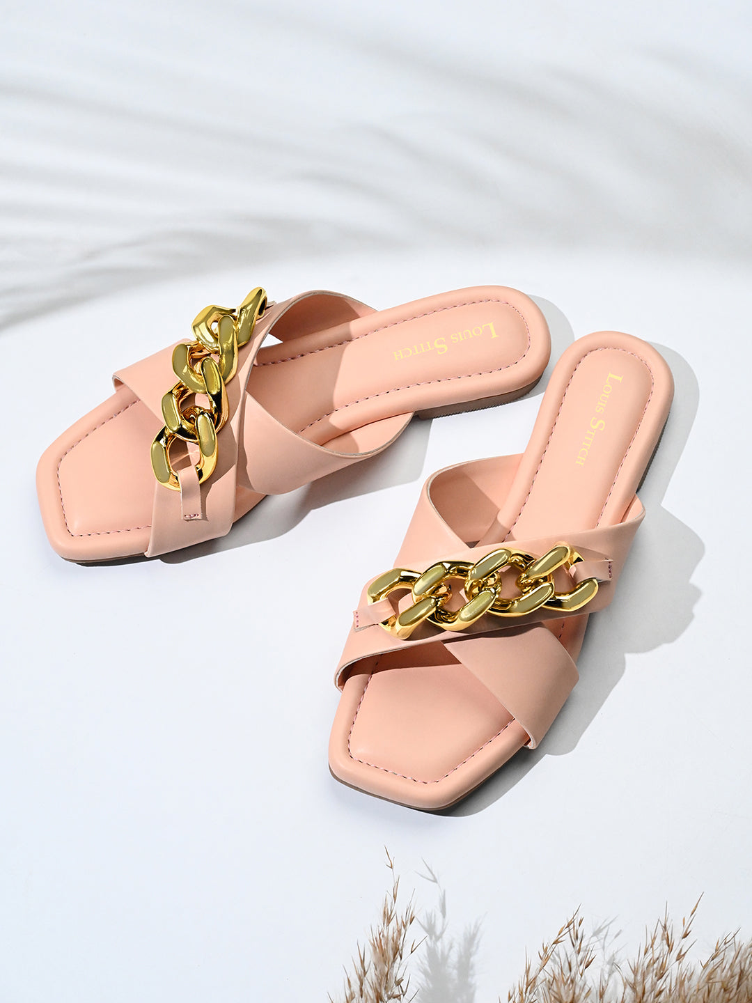 Women's Peach Flat Heel Cross Strap Buckle Sandals