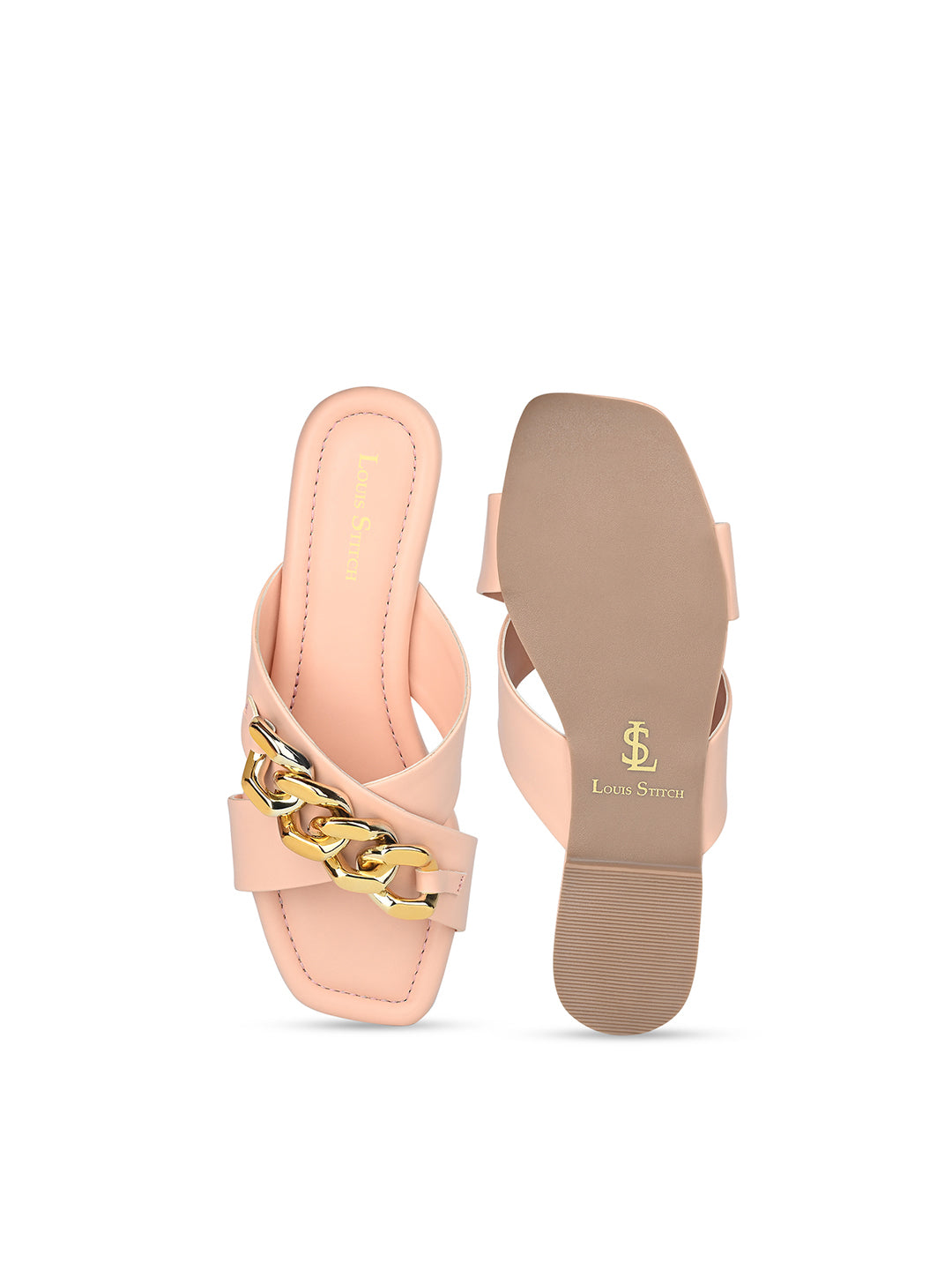 Women's Peach Flat Heel Cross Strap Buckle Sandals