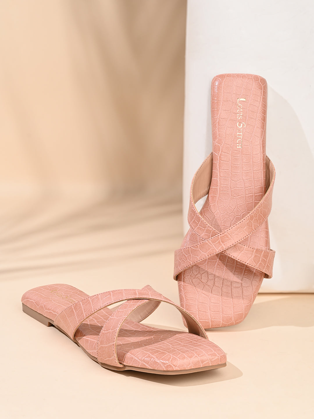 Women's Nude Pink Flat Heel Cross Strap Sandals
