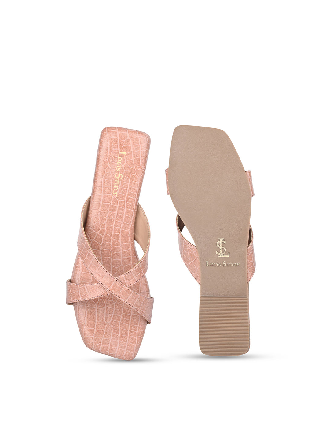 Women's Nude Pink Flat Heel Cross Strap Sandals