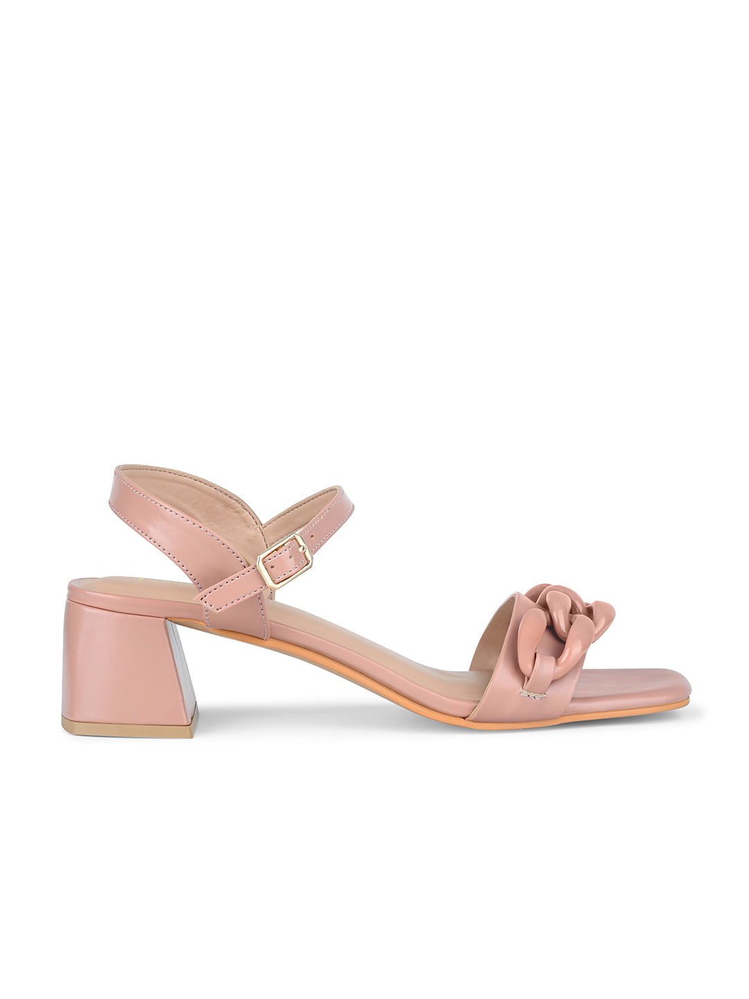 Women's Nude Pink Block Heel Buckle Strap Sandals