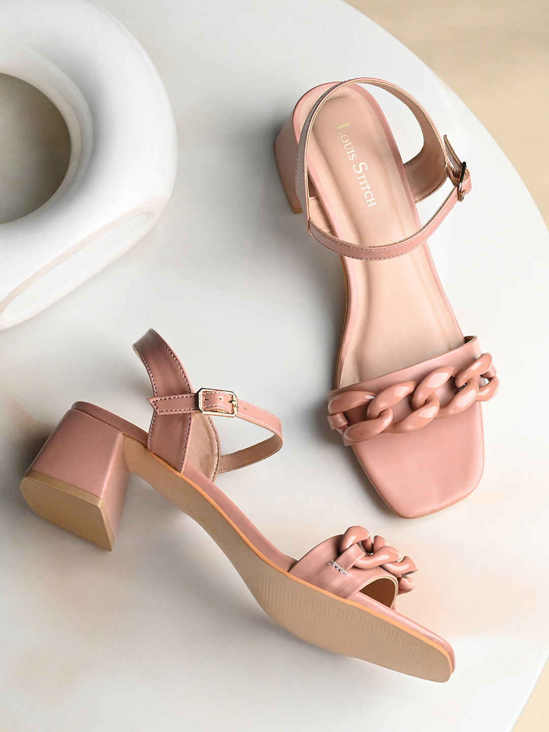 Women's Nude Pink Block Heel Buckle Strap Sandals