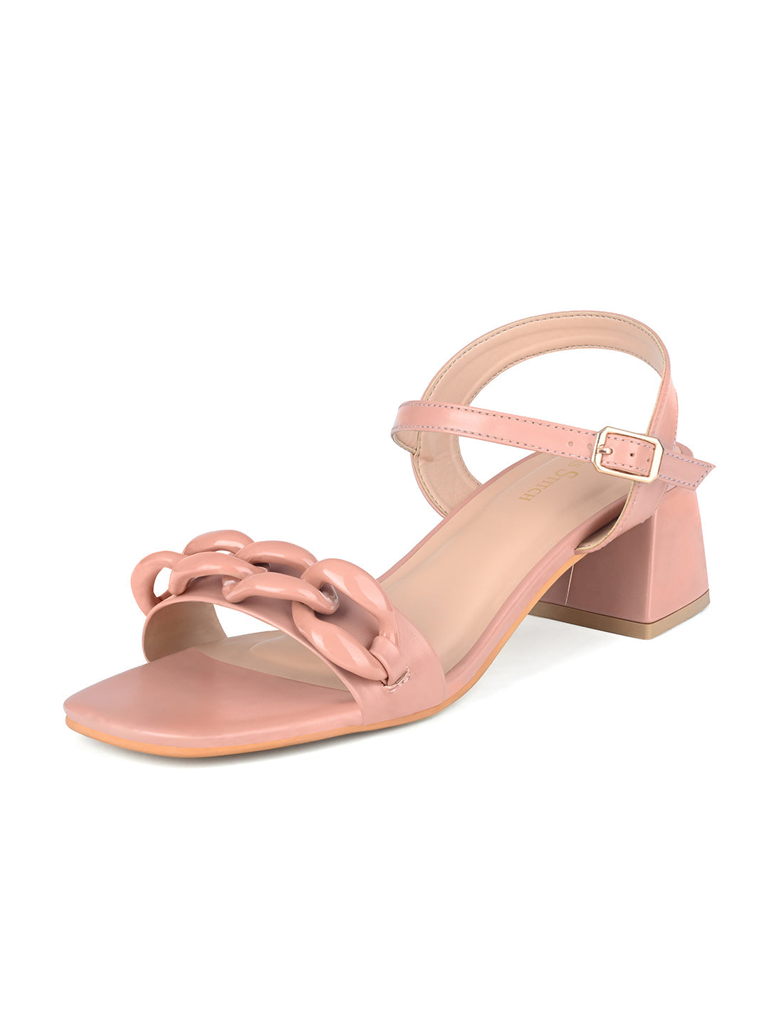 Women's Nude Pink Block Heel Buckle Strap Sandals