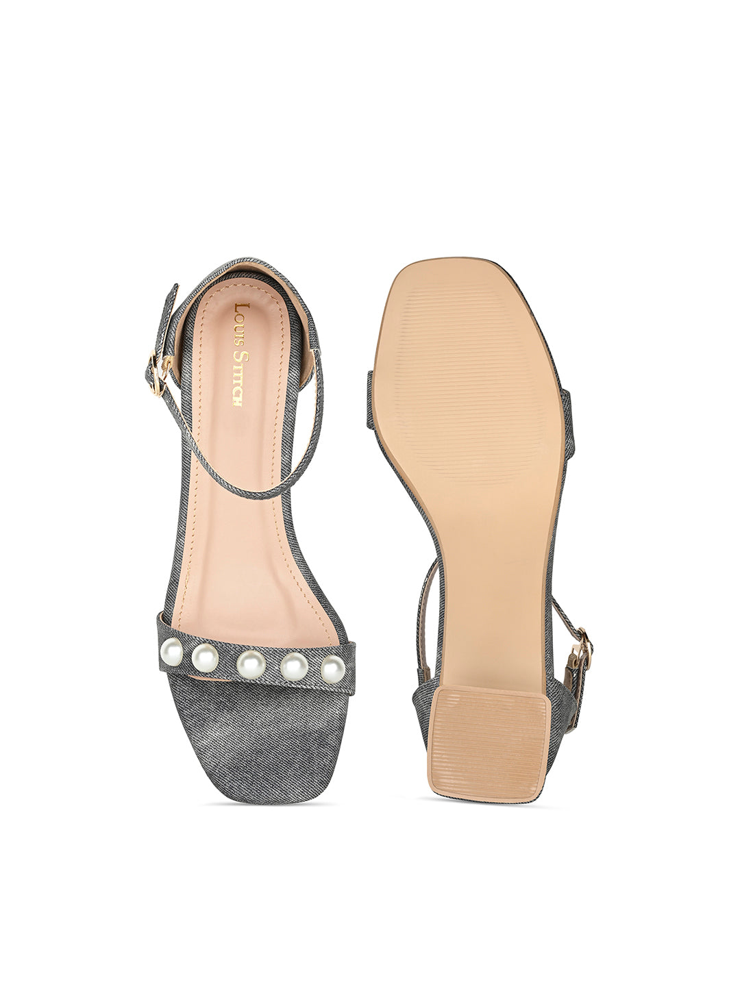 Women Grey Block Heel Slip-On Comfortable Ladies Sandals