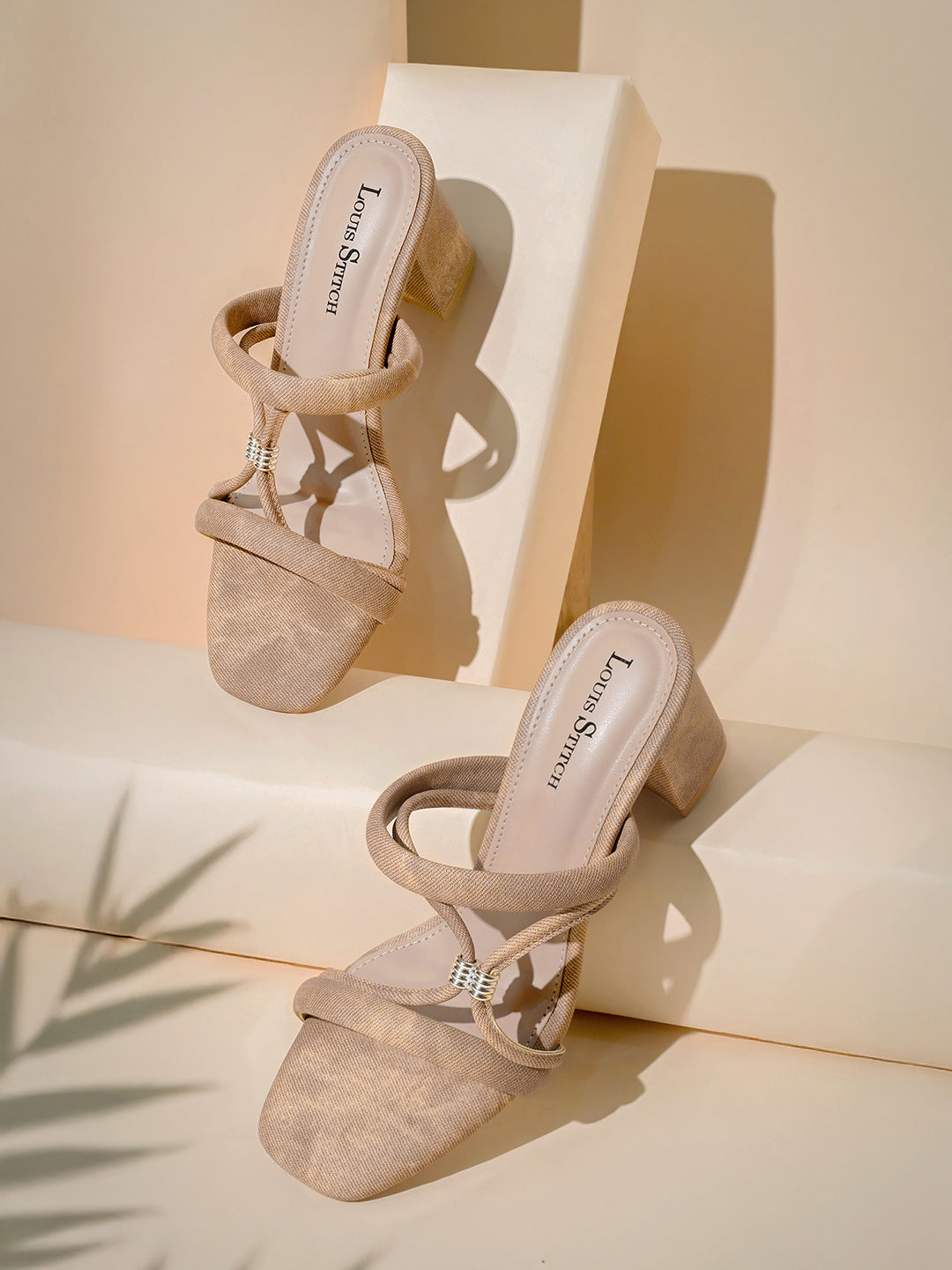 Women Beige Block Heel Slip-On Comfortable Ladies Sandals