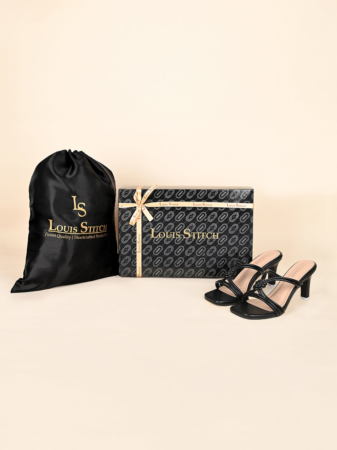 Women's Black Stilleto Heel Cross Knot Mule Sandals