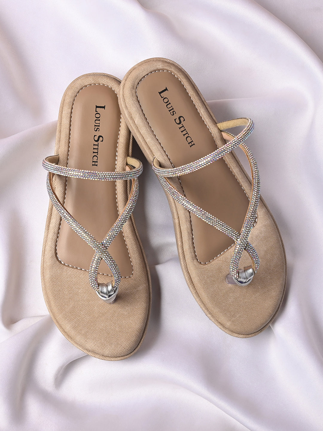 Women's Beige Slip-On Platform Heel T-Strap Lightweight Sandals