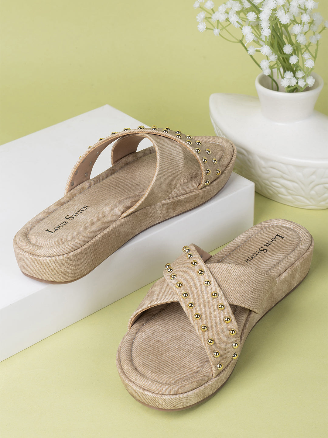 Women's Beige Cross Strap and Beaded Embellishments Lightweight Sandals