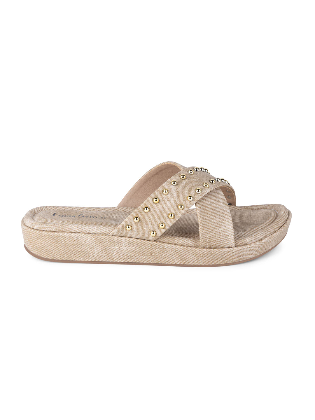 Women's Beige Cross Strap and Beaded Embellishments Lightweight Sandals