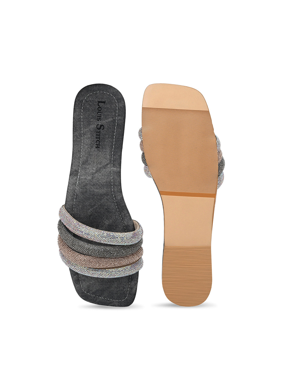 Women's Grey Glitter Strap Flat Heel Lightweight Sandals