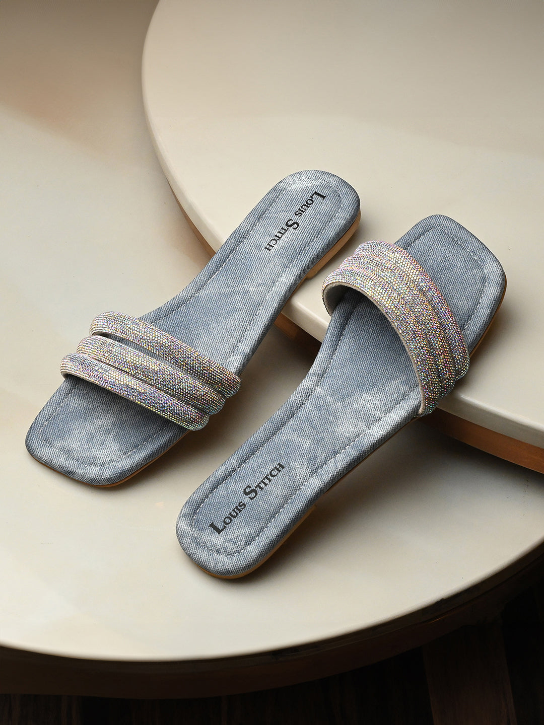 Women's Blue Shiny Strap Flat Heel Lightweight Sandals