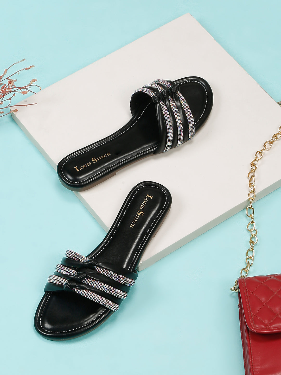 Women's Black Open Toe Glitter Strap Lightweight Sandals