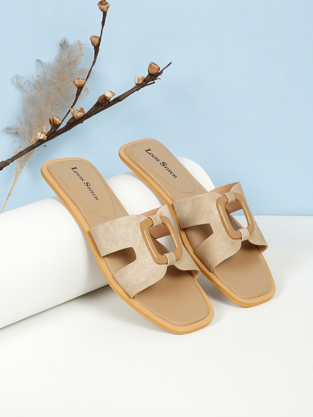 Women's Beige Flat Fashion Square Buckle Strap Lightweight Sandals