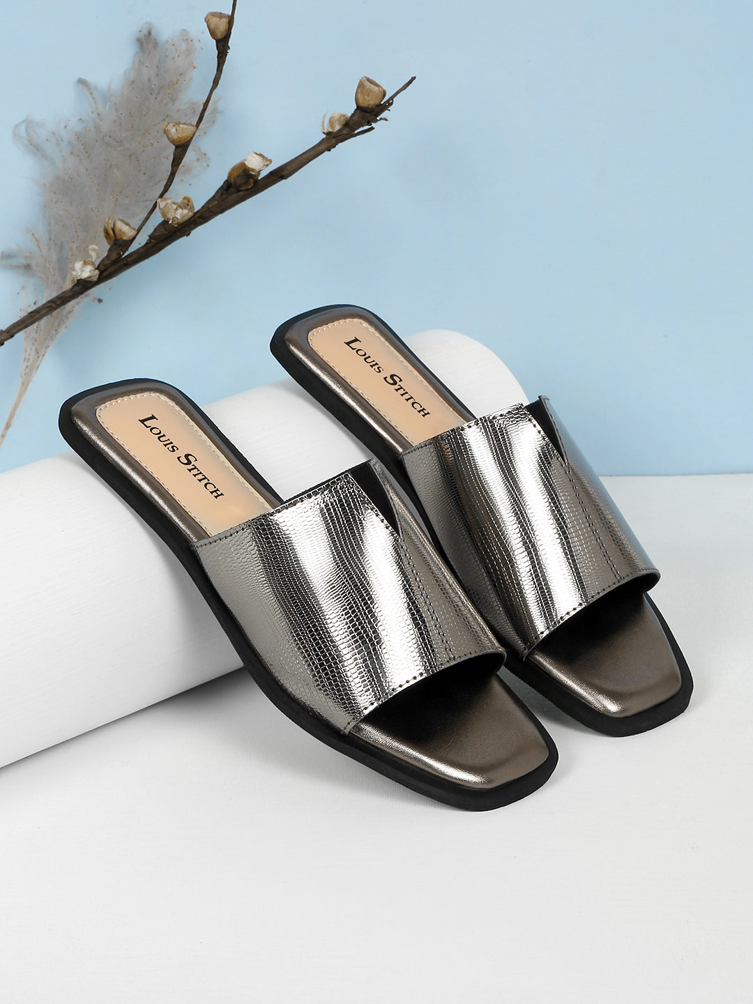 Women's Grey Flat Fashion Shiny Strap Lightweight Sandals