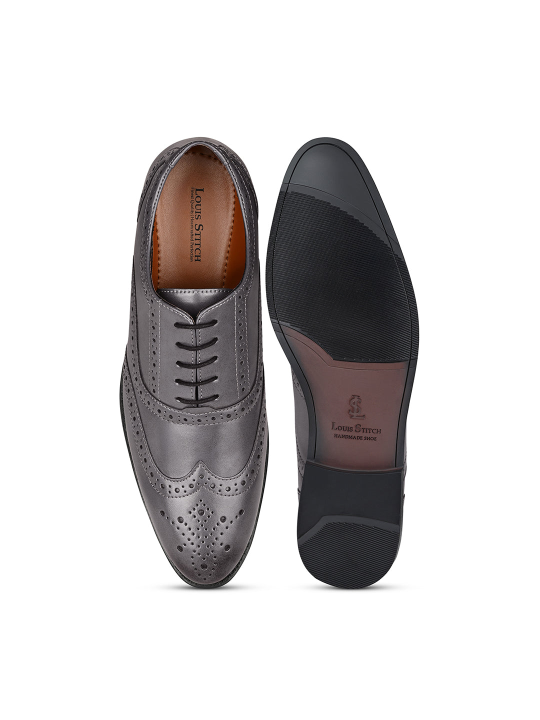 Ash Grey Wingtip Brogue Style Comfortable Formal Lace Up Shoes