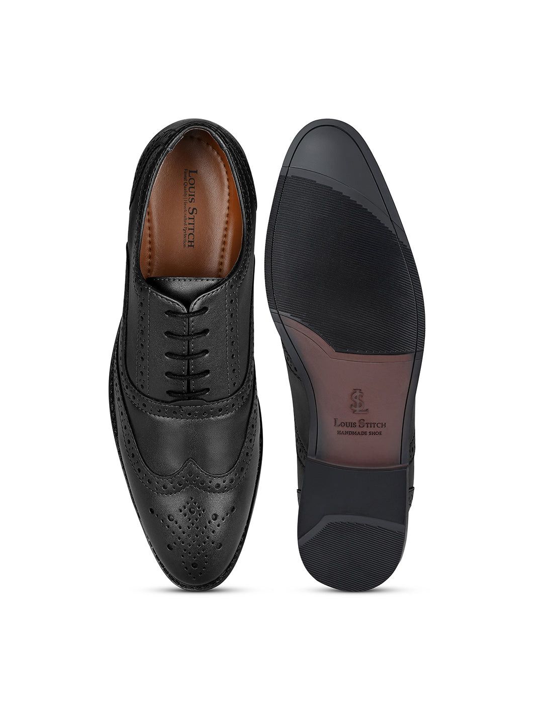 Jet Black Wingtip Brogue Style Comfortable Formal Lace Up Shoes