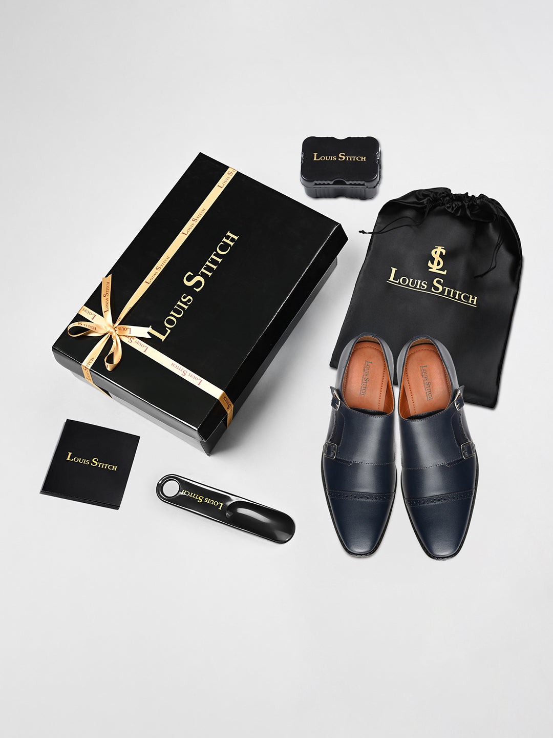 Prussian Blue Italian Leather Double Monk Strap Shoes