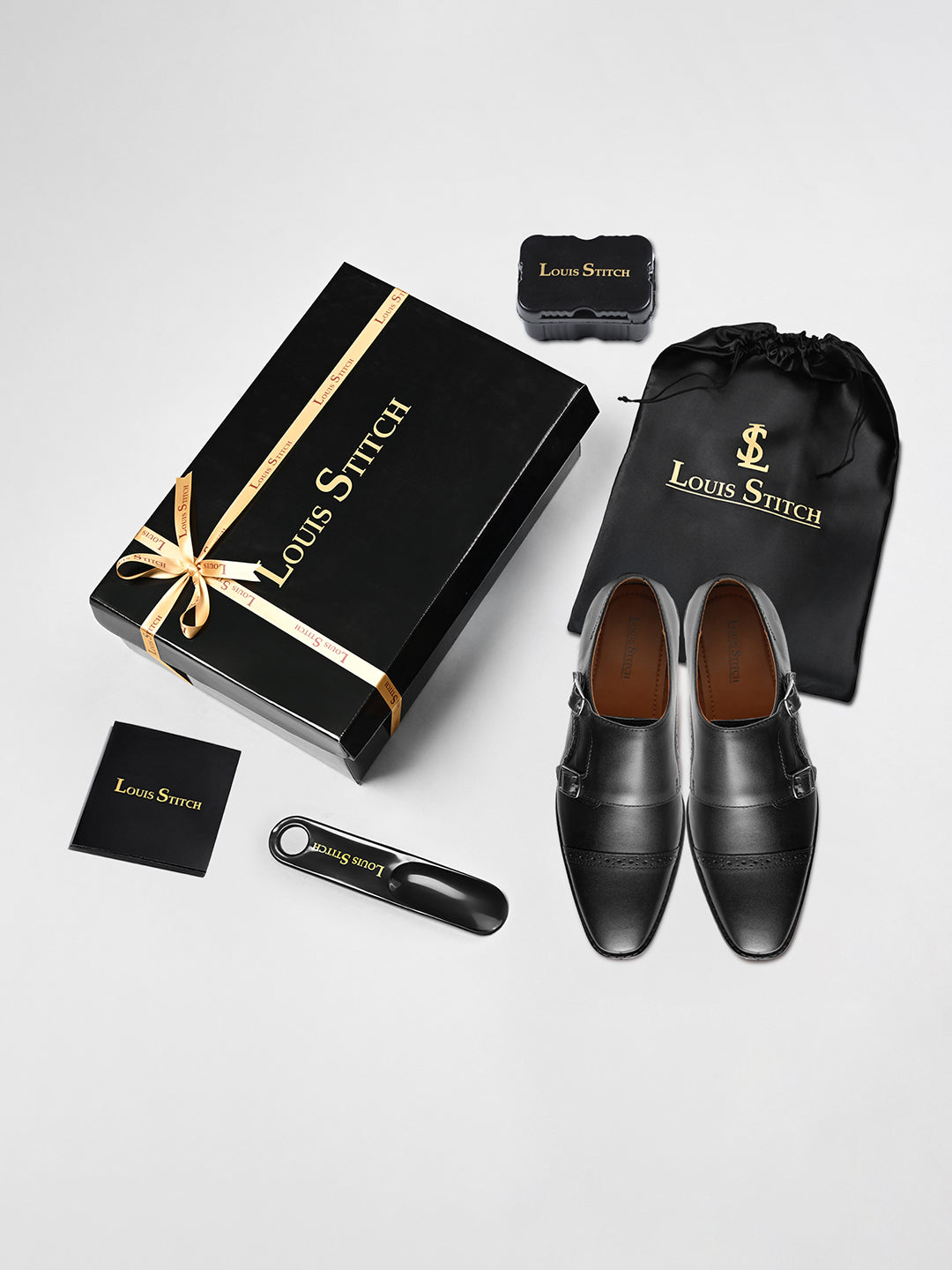 Jet Black Italian Leather Double Monk Strap Shoes