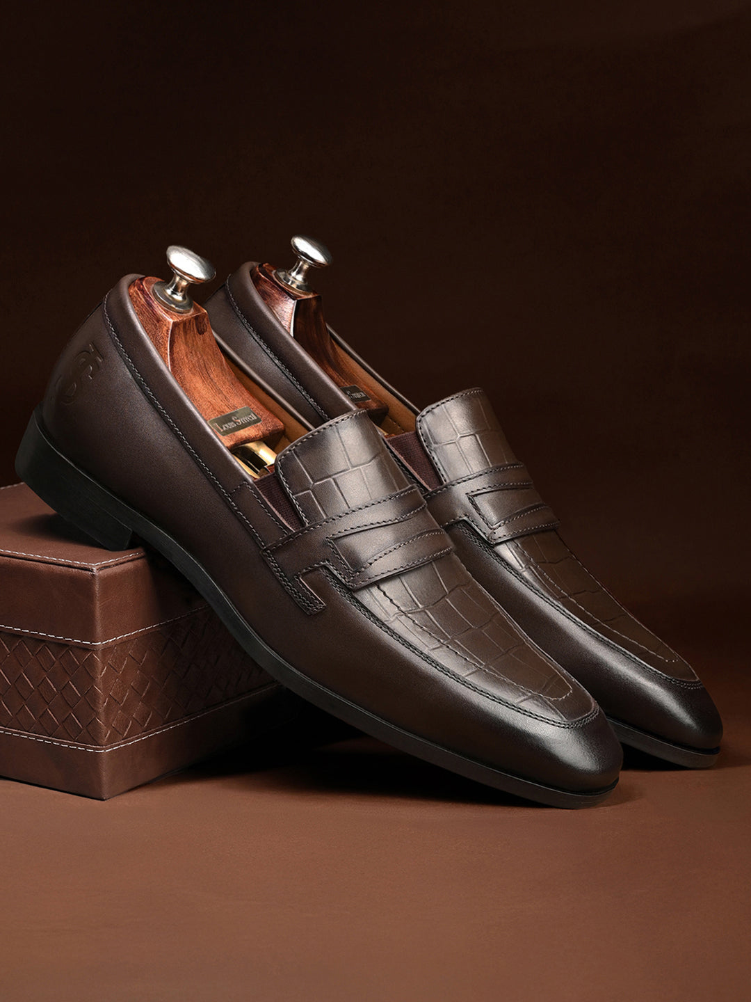 Brunette Brown Italian Crust Leather Formal Croco Texture Moccasins