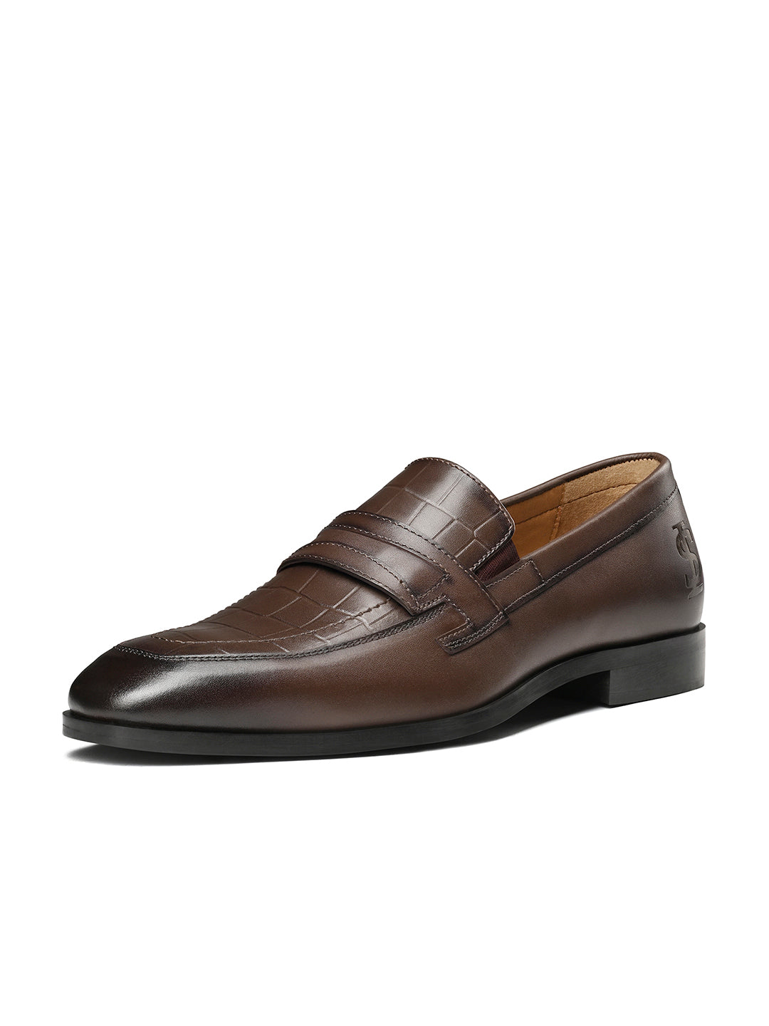 Brunette Brown Italian Crust Leather Formal Croco Texture Moccasin