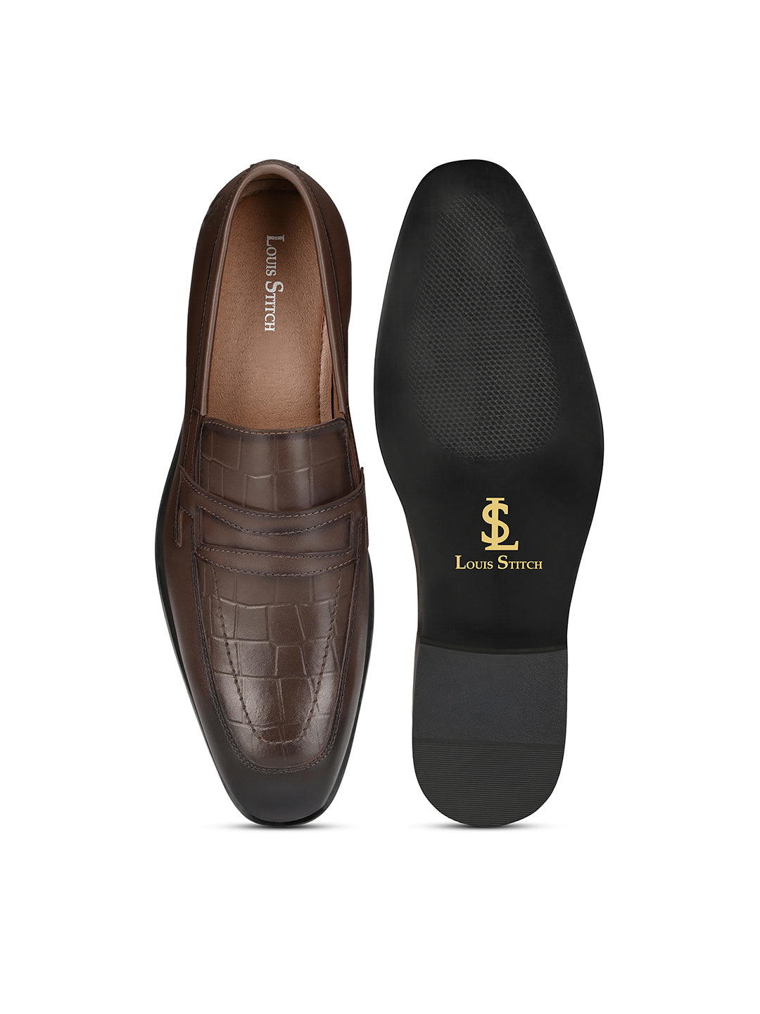 Brunette Brown Italian Crust Leather Formal Croco Texture Moccasin