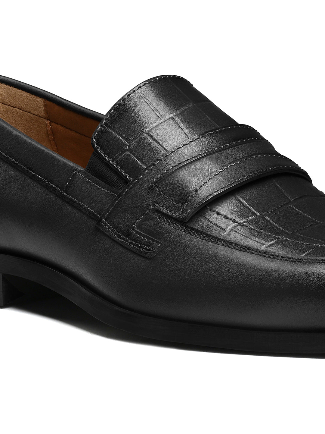 Jet Black Italian Crust Leather Formal Croco Texture Moccasin