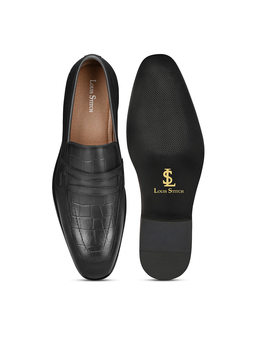 Jet Black Italian Crust Leather Formal Croco Texture Moccasin