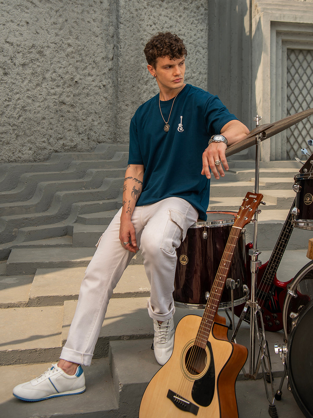 Prussian Blue Rock Ballad Cotton Printed Oversized T-Shirt