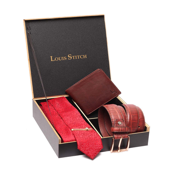Multicolor LOUIS STITCH Men's Italian Silk Necktie Leather Wallet Belt Complete Gift Combo Set With Pocket Square Tie Pin