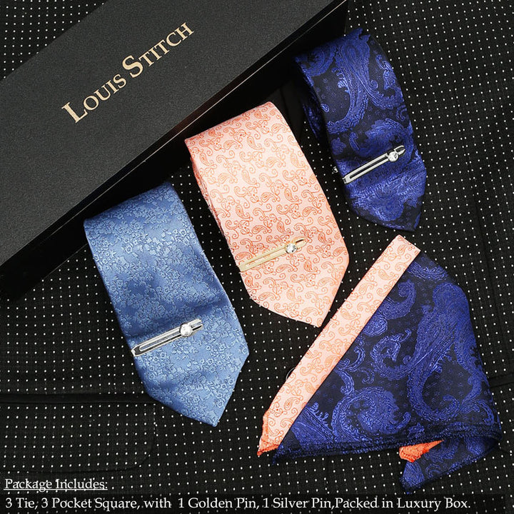  LOUIS STITCH Mens Italian Silk Necktie Combo With Pocket Square And Tie Pin (Pack of 3) (Dark Blue_Pink_Light Blue_Blue)