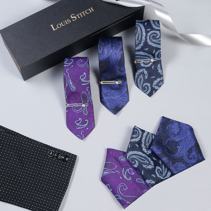  LOUIS STITCH Mens Italian Silk Necktie Combo With Pocket Square And Tie Pin (Pack of 3) (Blue_EthnicBlue_Voilet)