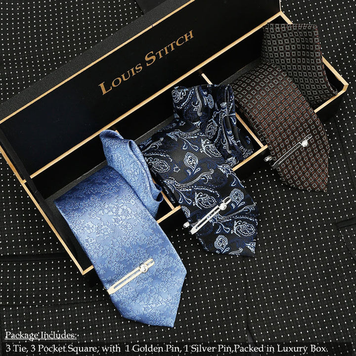  LOUIS STITCH Mens Italian Silk Necktie Combo With Pocket Square And Tie Pin (Pack of 3) (Brown_Blue_Light Blue)