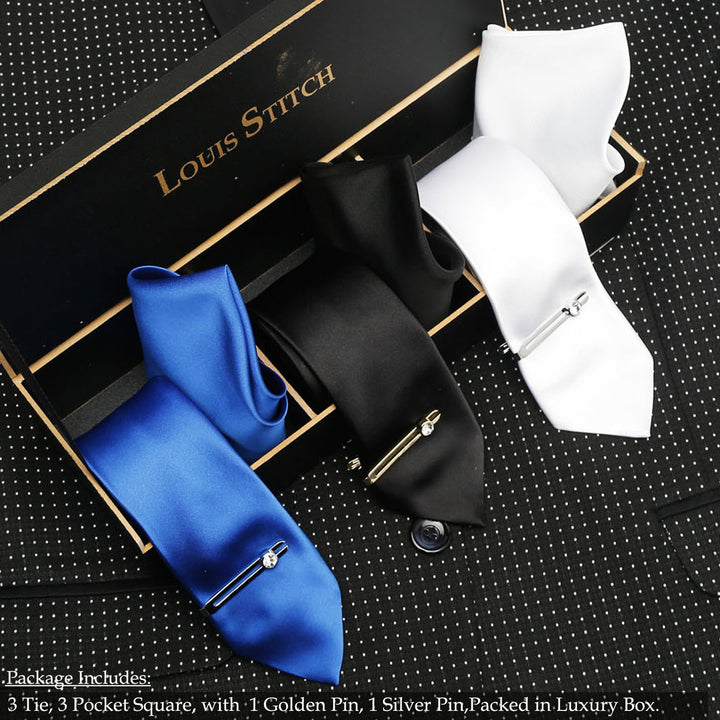  LOUIS STITCH Mens Italian Silk Necktie Combo With Pocket Square And Tie Pin (Pack of 3) (Black_White_Blue)