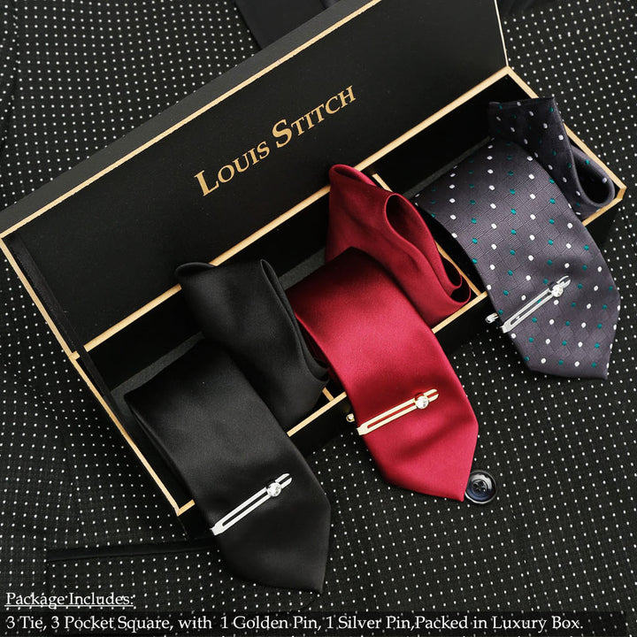  LOUIS STITCH Mens Italian Silk Necktie Combo With Pocket Square And Tie Pin (Pack of 3) (Black_Red_Dark Grey)