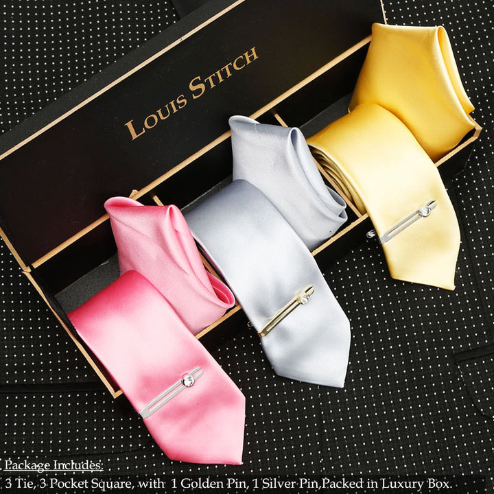  LOUIS STITCH Mens Italian Silk Necktie Combo With Pocket Square And Tie Pin (Pack of 3) (Pink_Grey_Yellow)