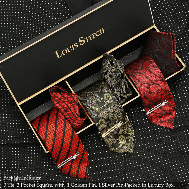  LOUIS STITCH Mens Italian Silk Necktie Combo With Pocket Square And Tie Pin (Pack of 3) (Red_Ethnic Green_Ethnic Red)