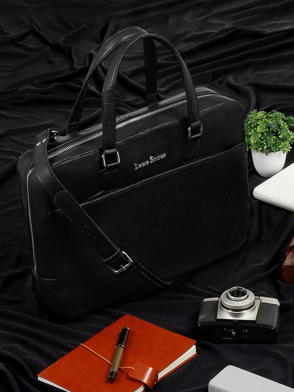 Men's Black Italian Leather Laptop Bag Multifunctional Executive Briefcase with Shoulder Strap