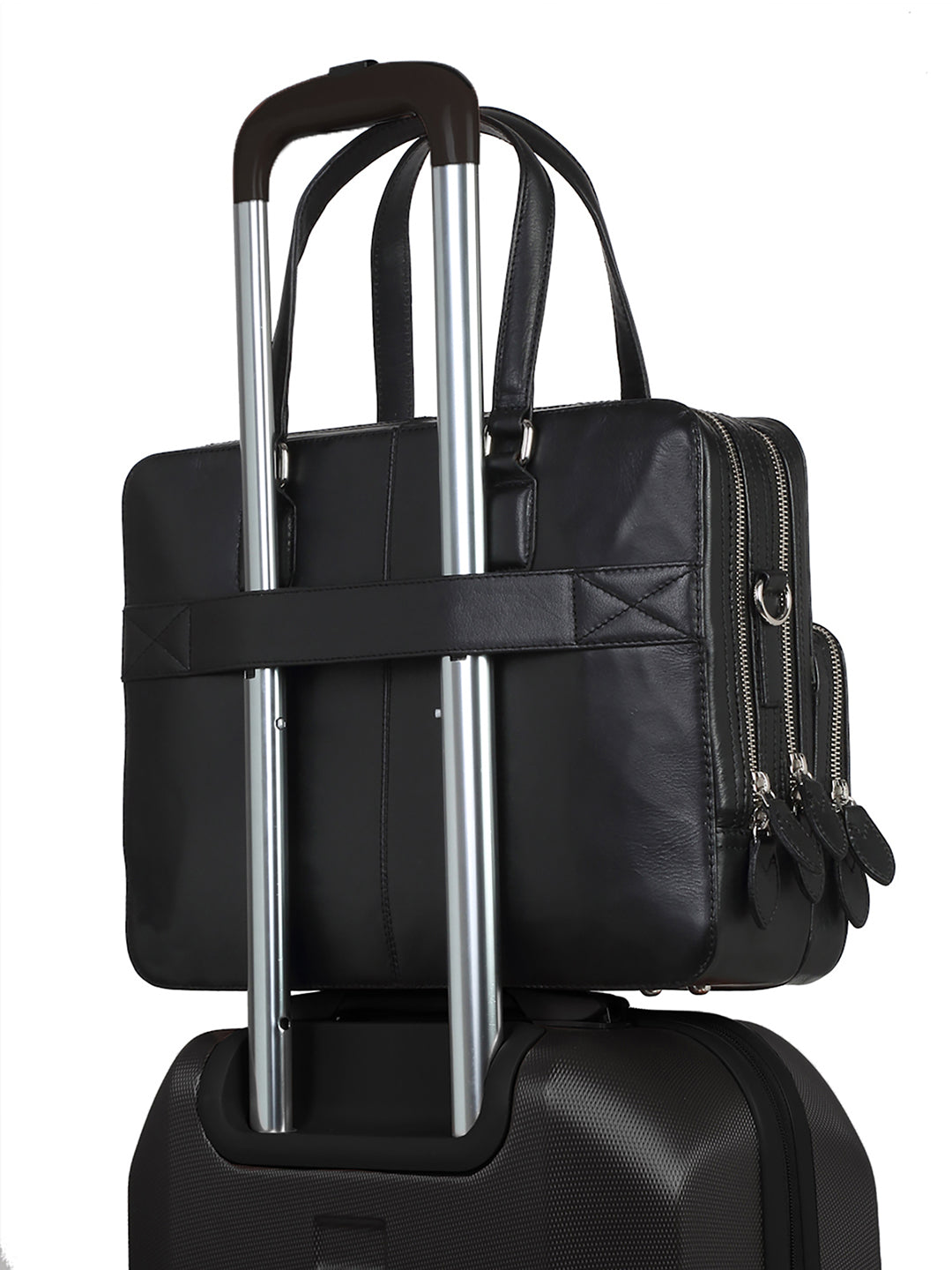 Men's Black Italian Leather Laptop Bag Multifunctional Executive Briefcase with Shoulder Strap