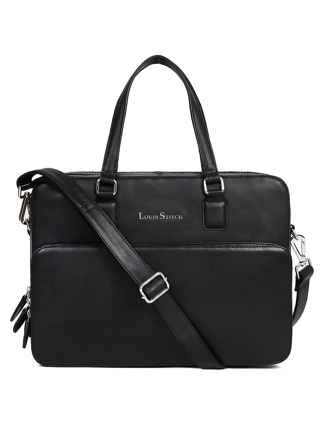 Men's Black Italian Leather Laptop Bag Multifunctional Executive Briefcase with Shoulder Strap