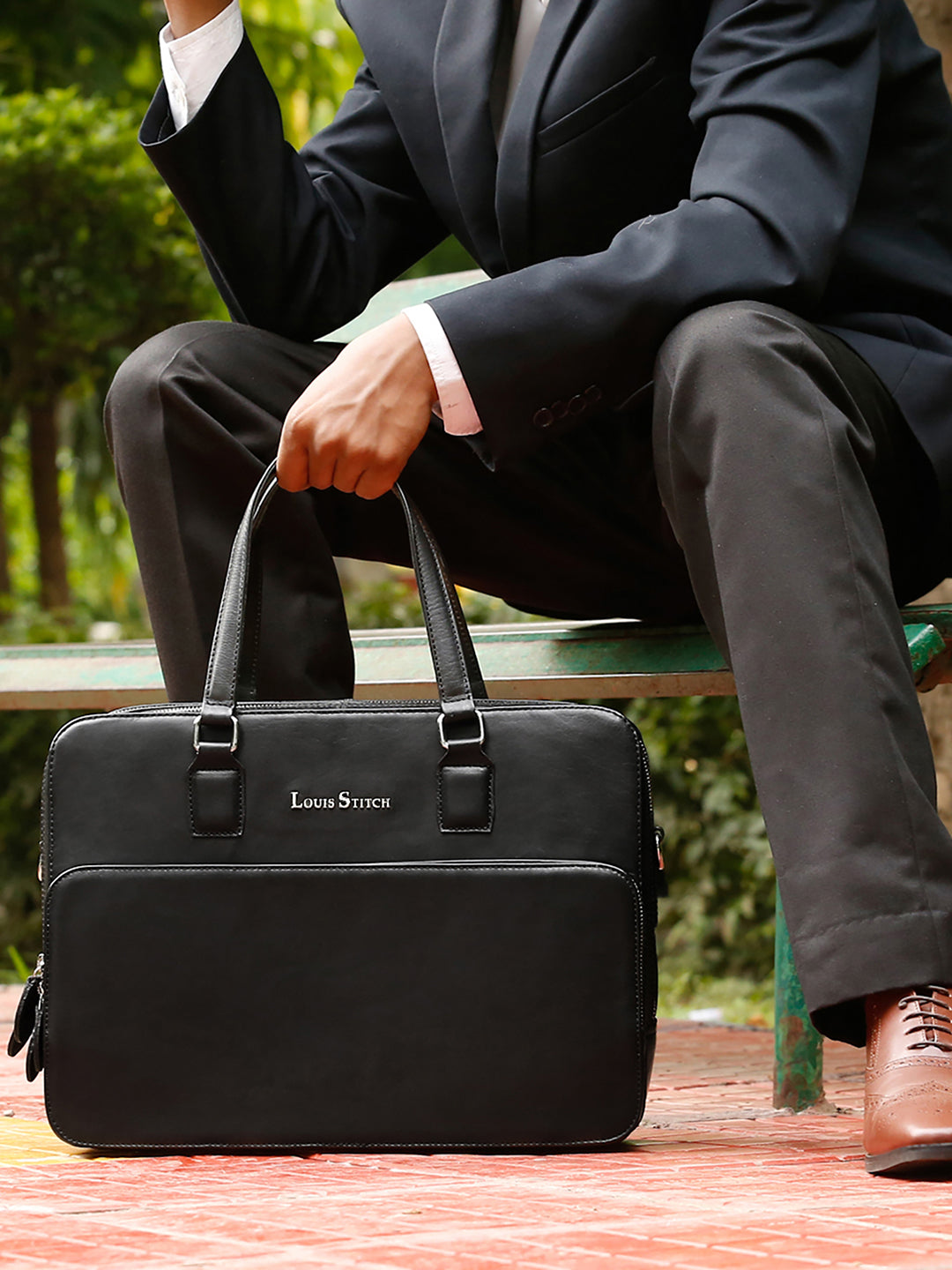 Men's Black Italian Leather Laptop Bag Multifunctional Executive Briefcase with Shoulder Strap