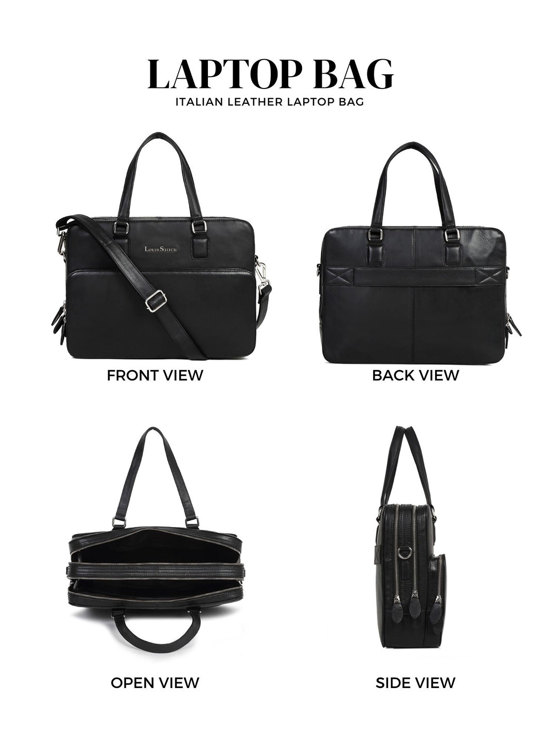 Men's Black Italian Leather Laptop Bag Multifunctional Executive Briefcase with Shoulder Strap