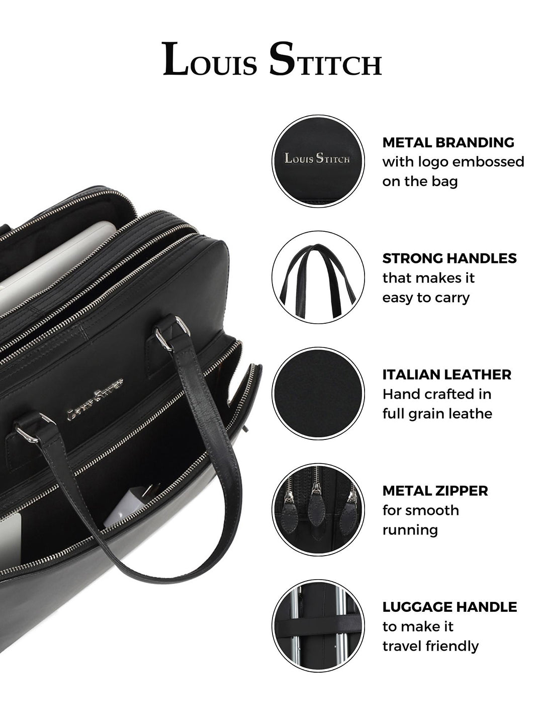 Men's Black Italian Leather Laptop Bag Multifunctional Executive Briefcase with Shoulder Strap